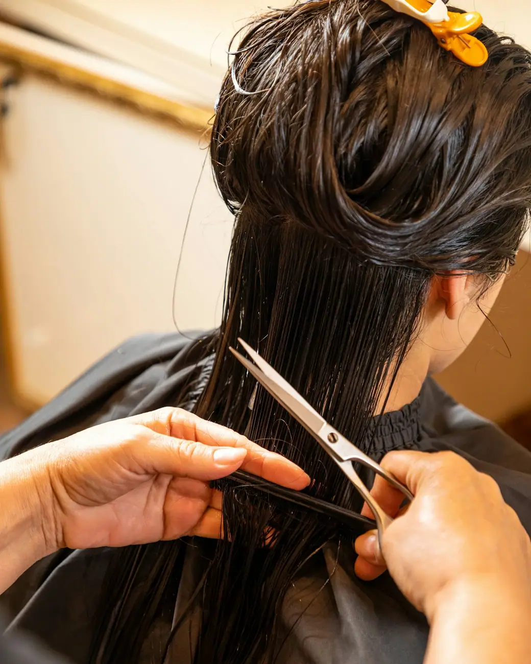 Stylist sectioning and cutting long wet dark hair with scissors