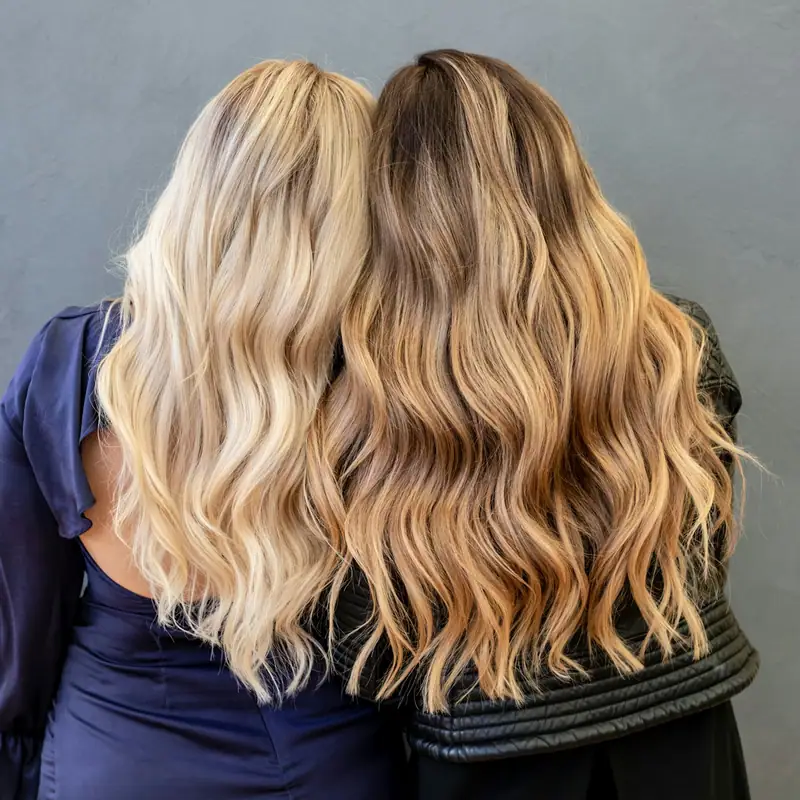Two women with long wavy blonde hair seen from behind