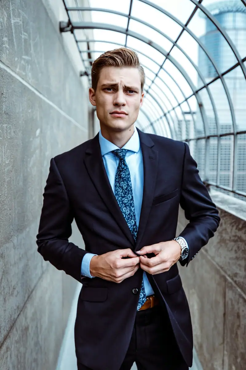 Man in a navy suit adjusting his jacket