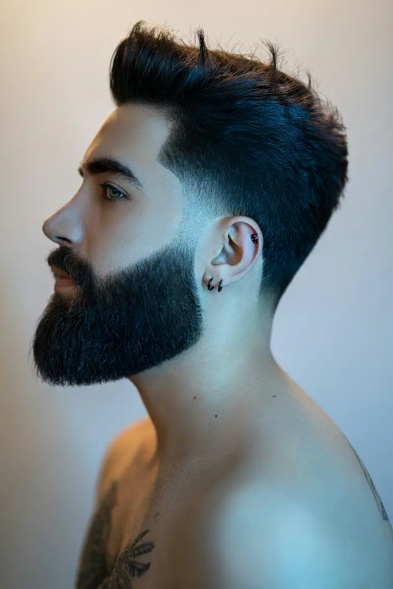 Profile of a man with a styled quiff and full beard